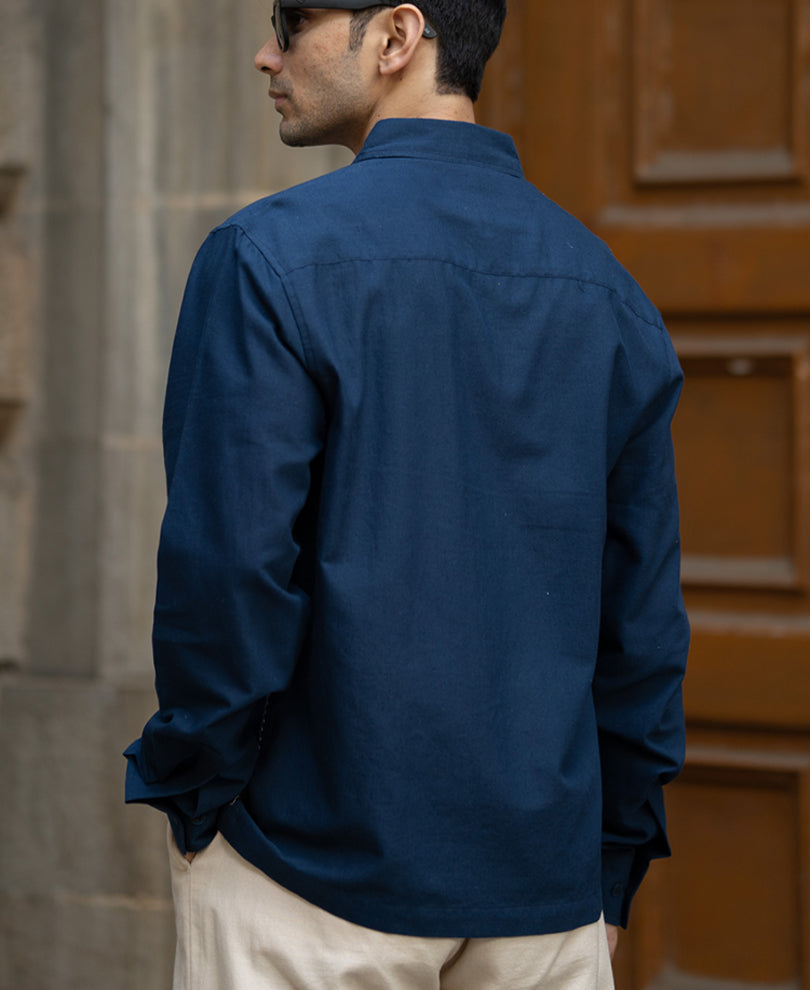 Navy Embrpoidery Linen Blend Shirt.