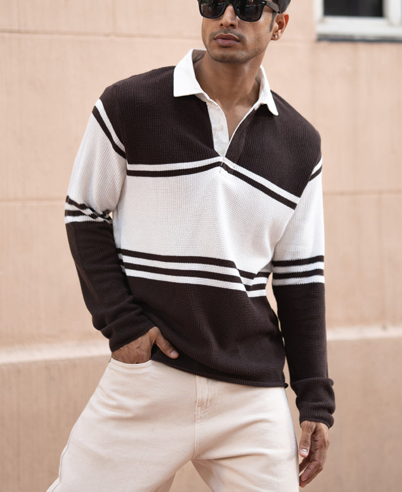 Coffee Brown Structured Stripe T-Shirt.