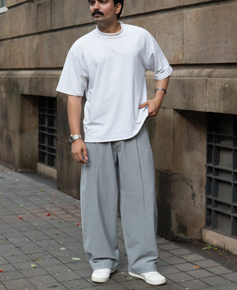 Grey Pleated Barrel Fit Trousers