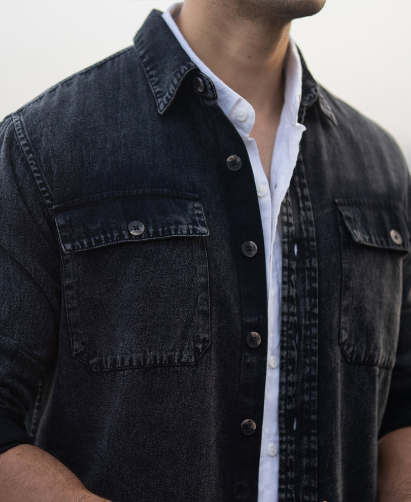Black Charcoal Washed Denim Shirt.
