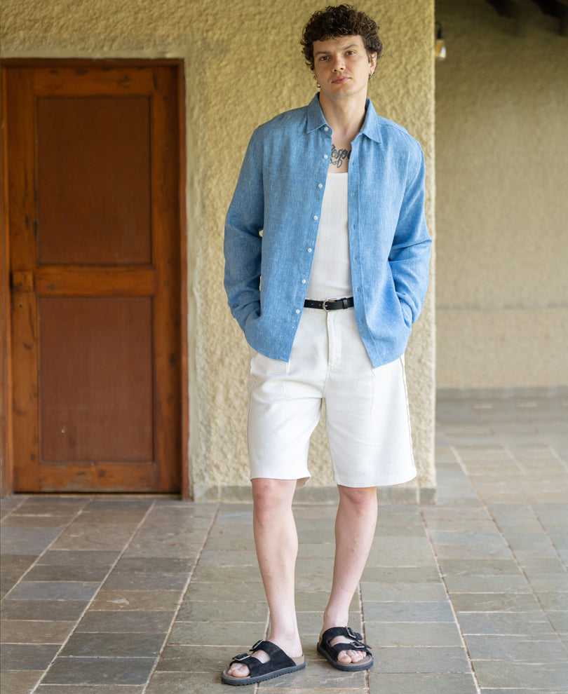 Blue Linen Blend Structured Shirt