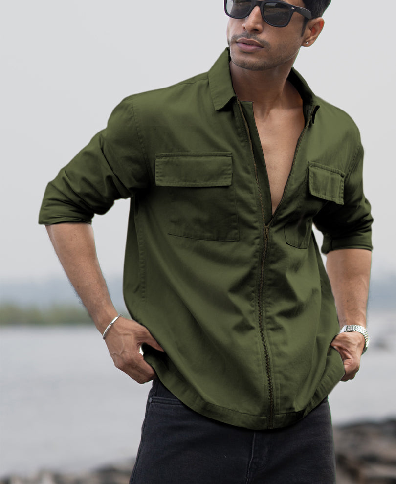 Olive Structured Zipper Overshirt.
