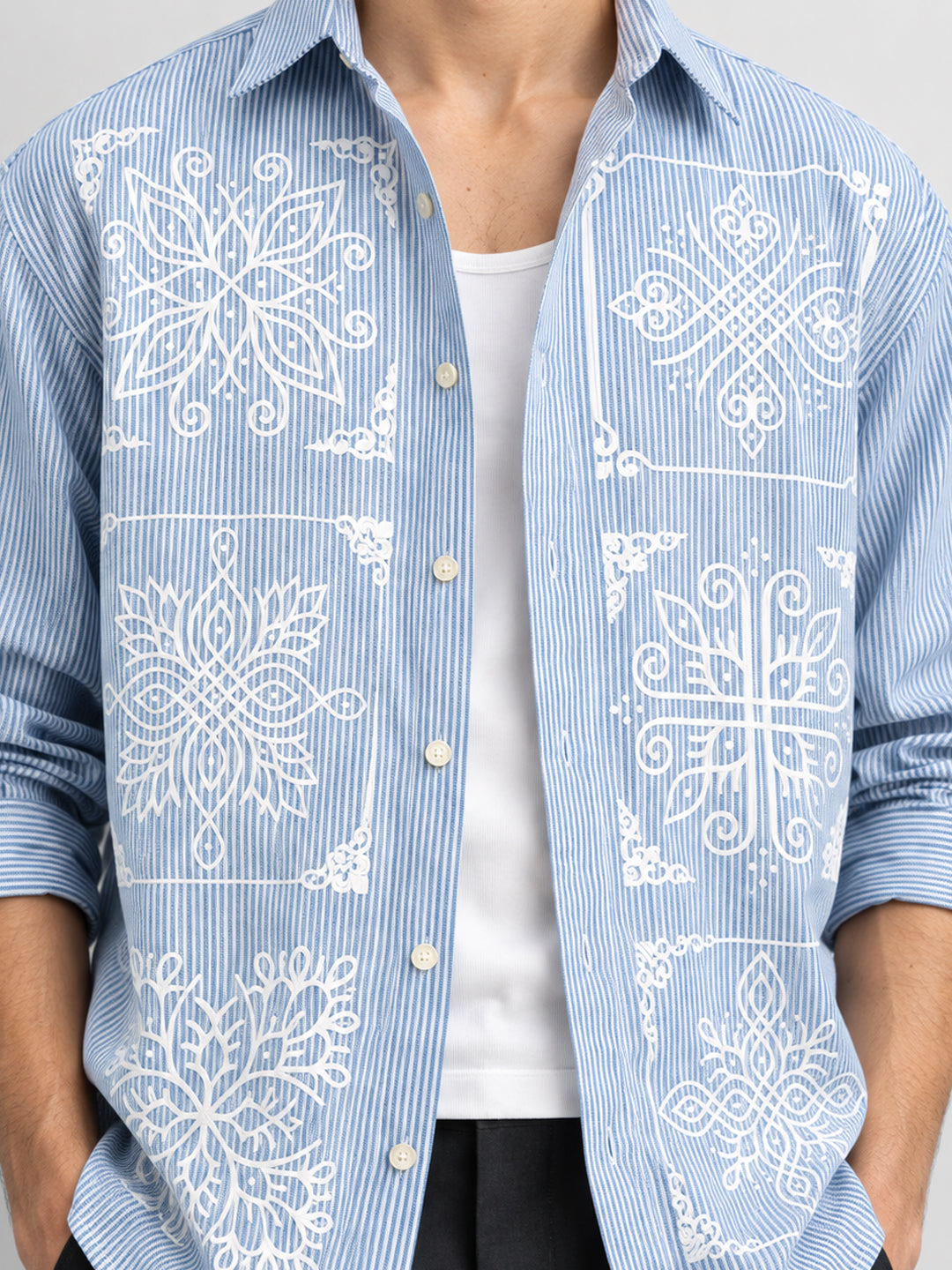 Blue Kolam Print Stripe Shirt