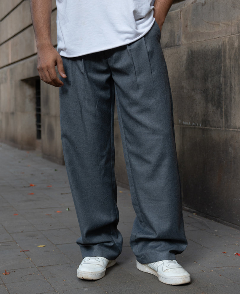 Grey Pleated Baggy Trousers
