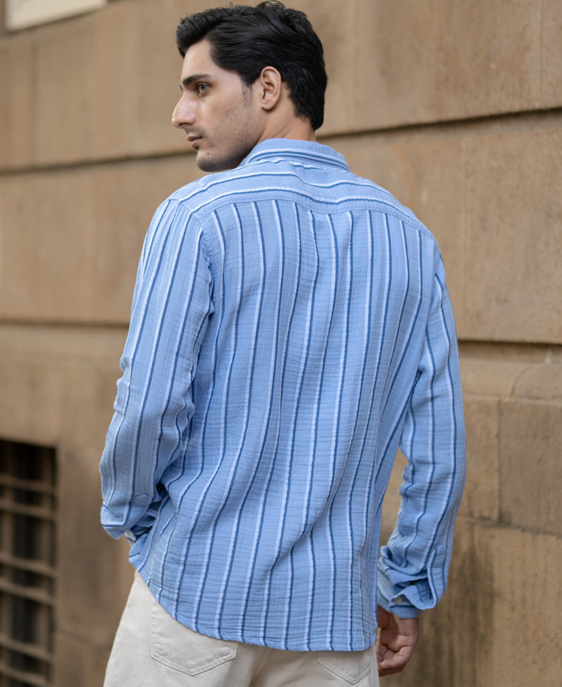 Blue Double Cloth Striped Shirt.