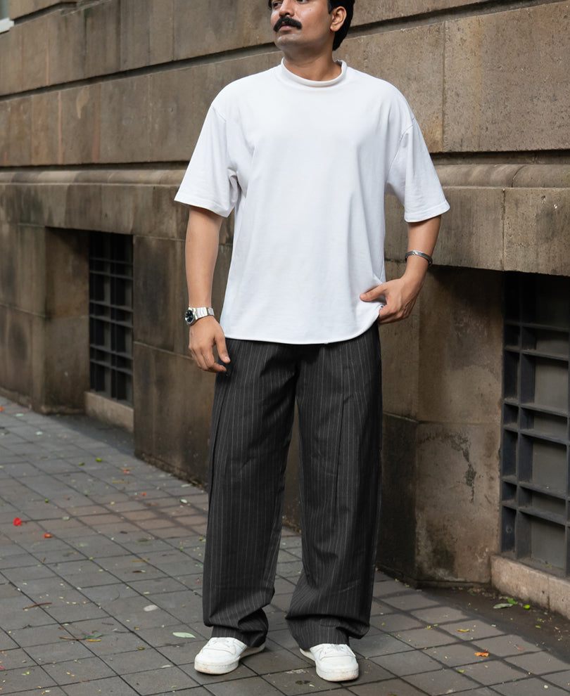 Grey Striped Pleated Korean Pants