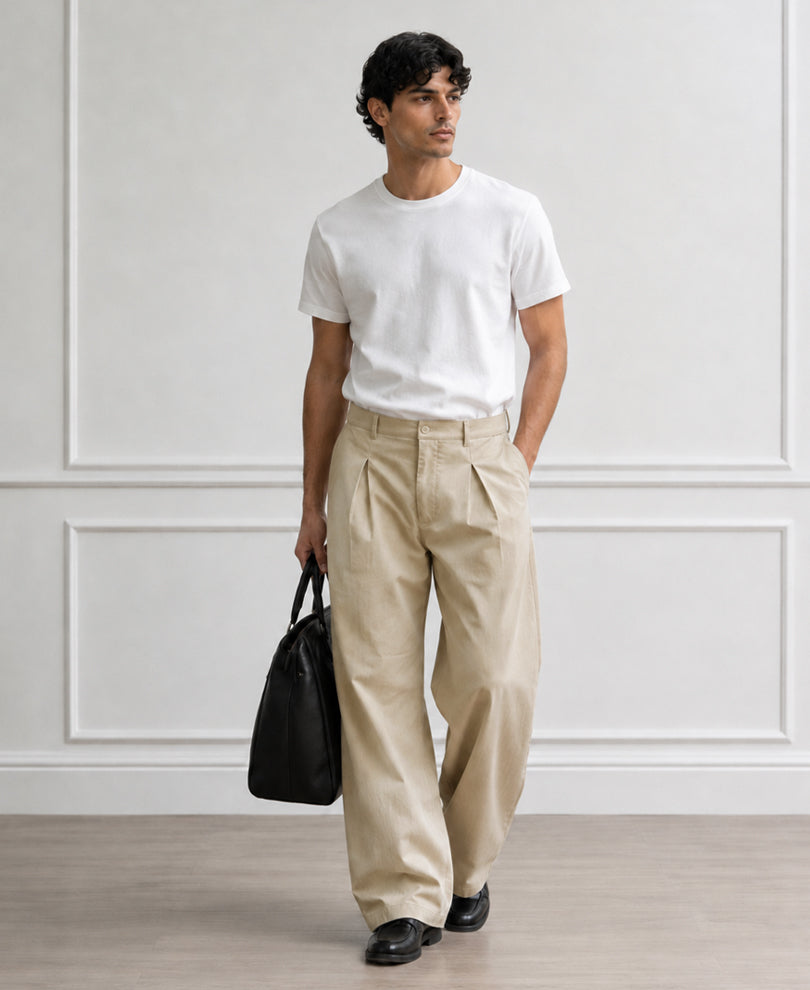 Beige Pleated Baggy Trousers