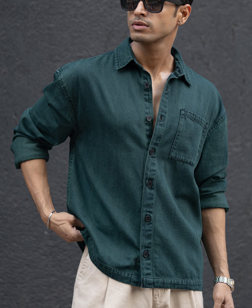 Dark Green Over Dyed Denim Shirt.