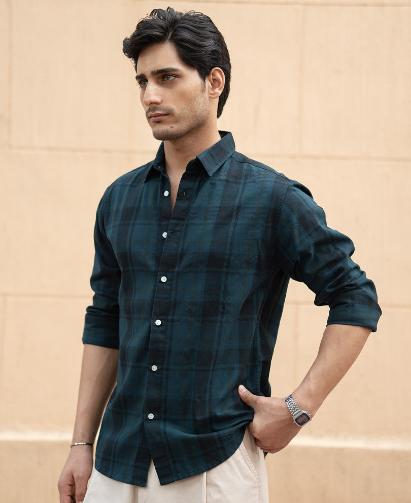 Dark Teal Structured Checks Shirt.