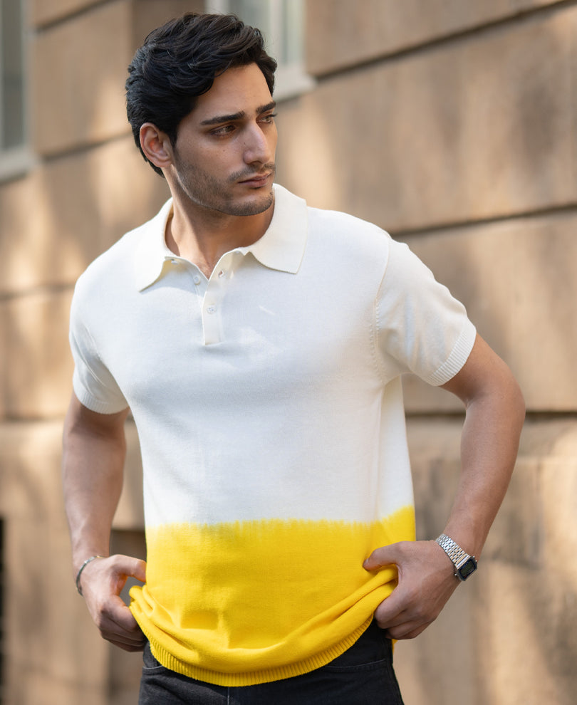 Yellow Ombre Knit Polo T-Shirt.