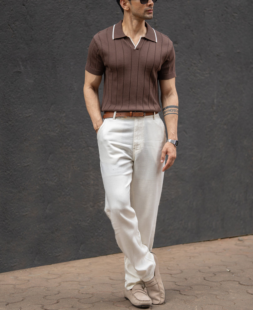 Brown Structured Knit Polo T-Shirt.