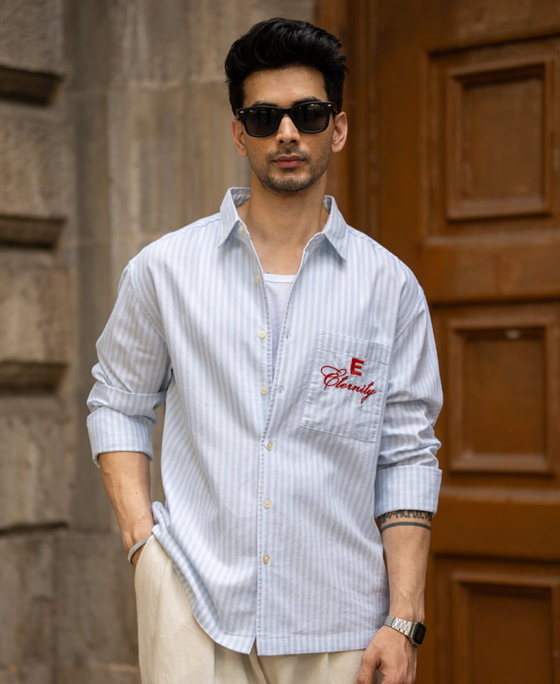 Blue Embroidered Oxford Stripe Shirt 100% Cotton