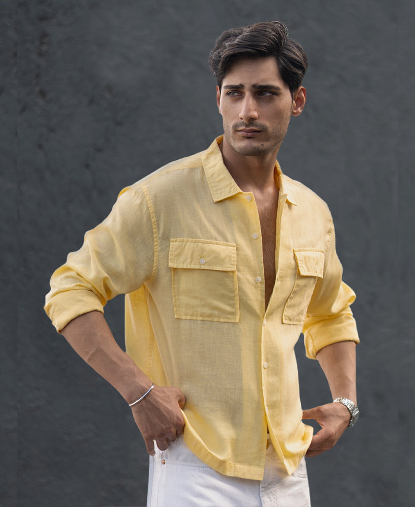 Yellow Linen Double Pocket Shirt.
