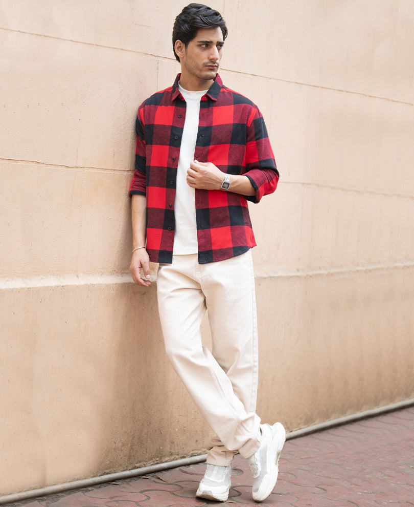 Bright Red Flannel Checks Shirt.