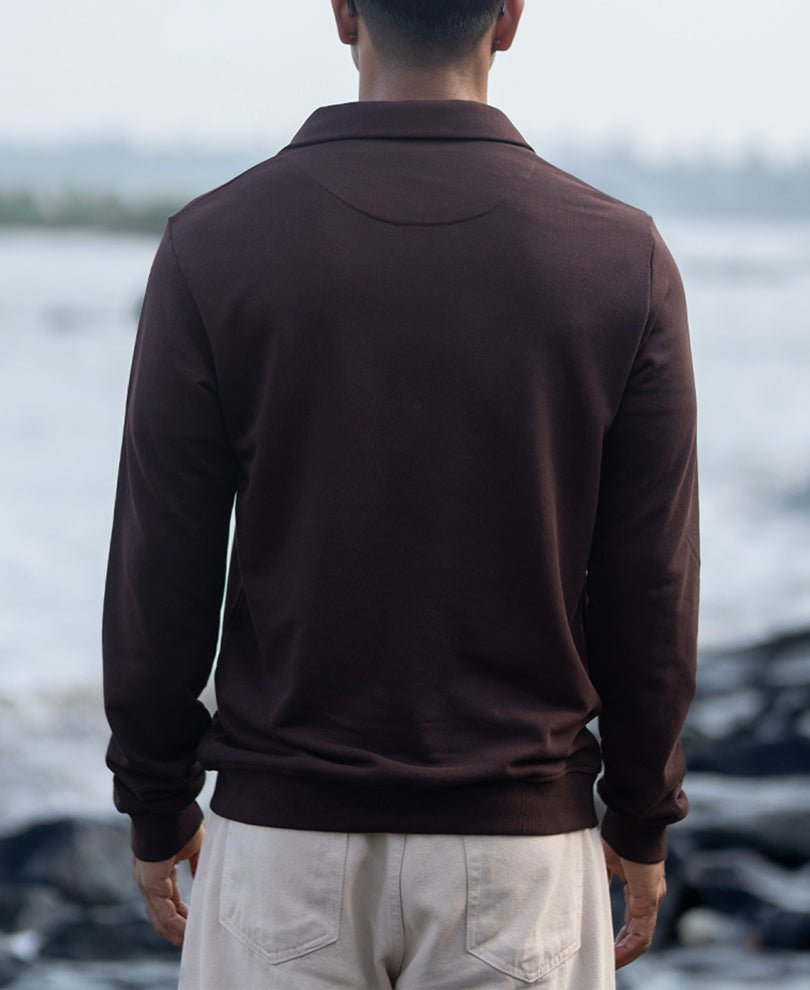 Brown Embroidered Quarter Zip T-Shirt.