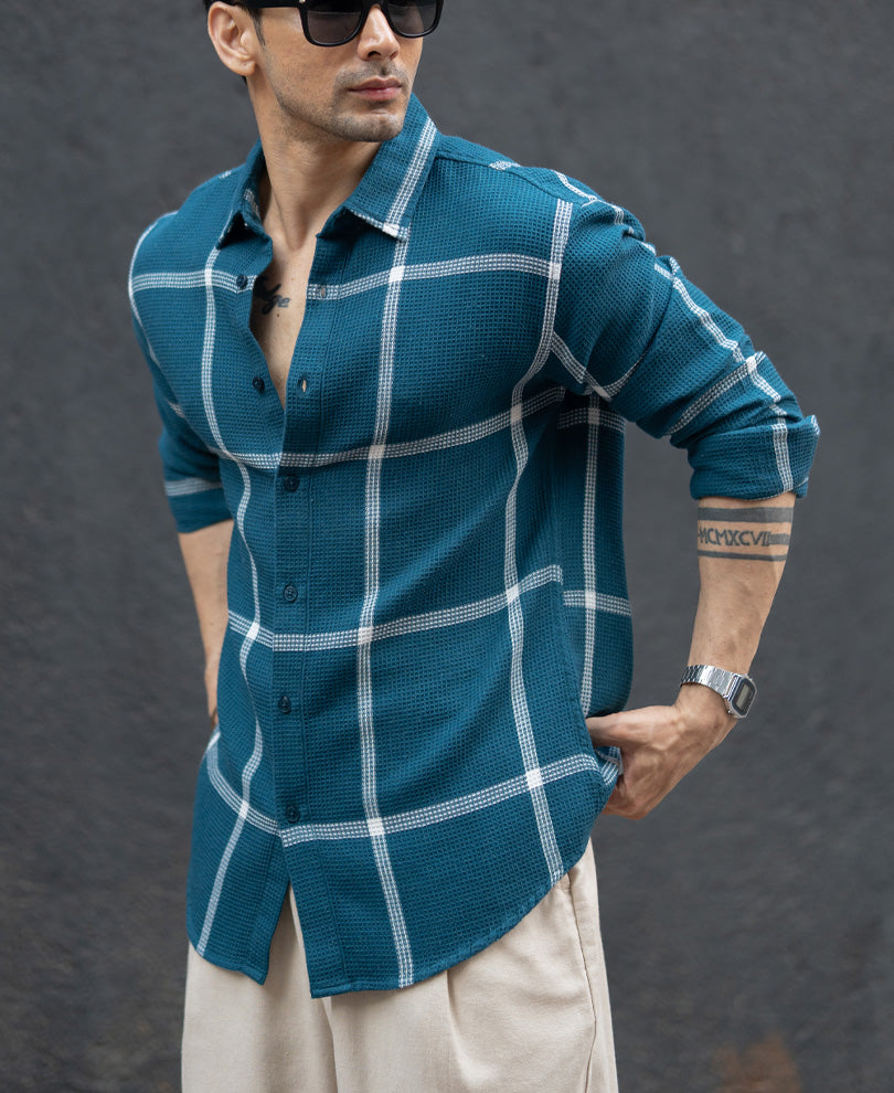 Teal Structured Checked Shirt.