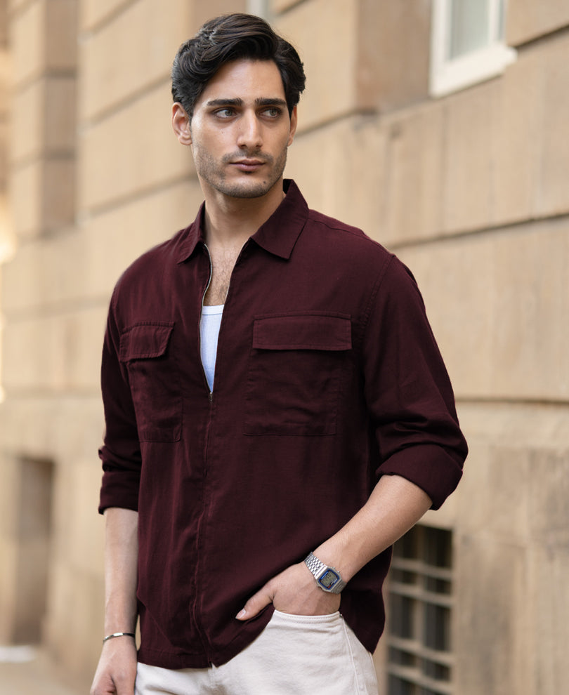 Wine Linen Blend Zipper Shirt.
