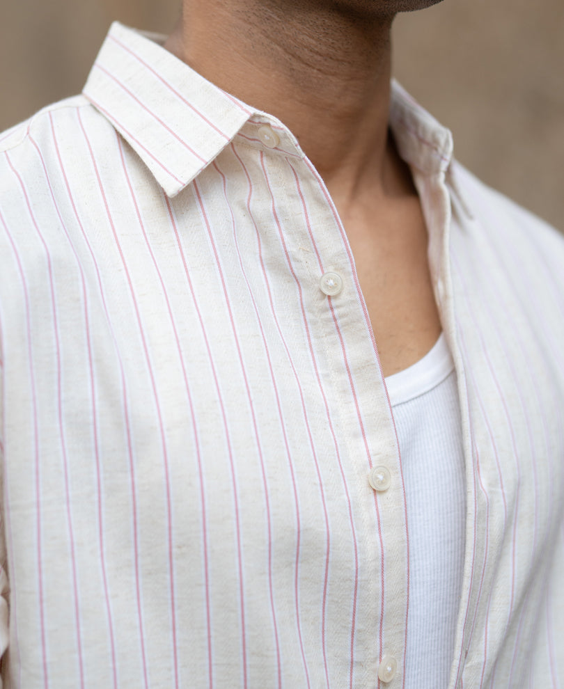 Peach & Beige Linen Stripe Shirt.