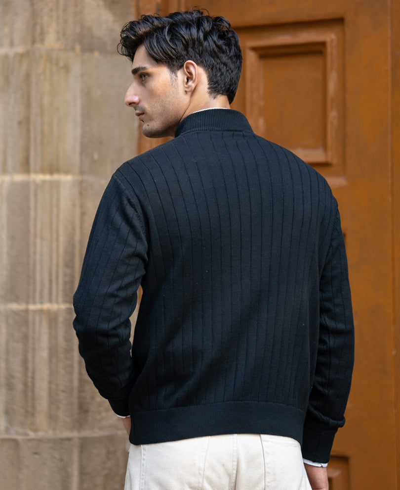 Black Structure Stripe High Neck T-Shirt.
