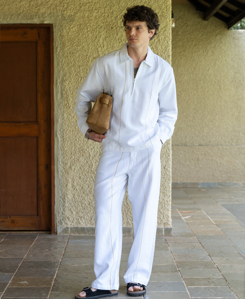 White Linen Blend Striped Cord Set