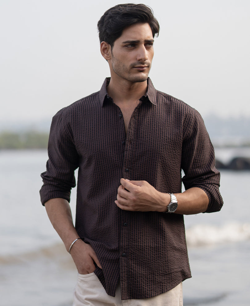 Brown Seer Sucker Stripe Shirt.