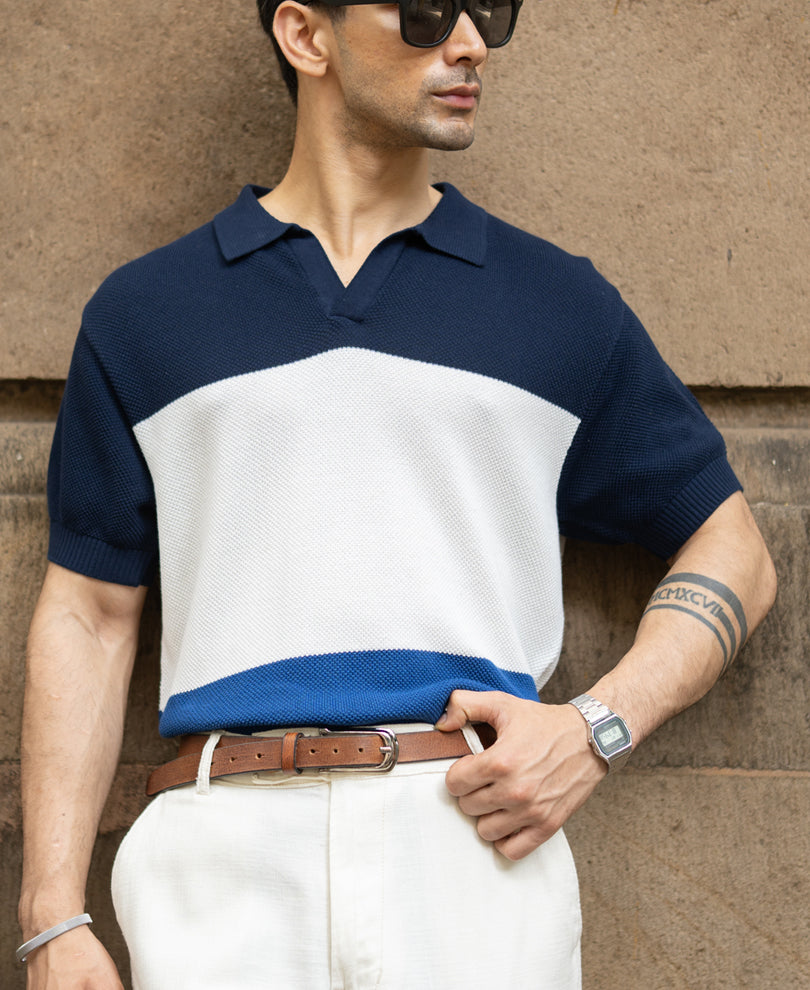 Blue Stripe Knit T-Shirt.