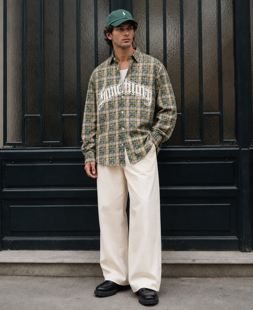 Green Printed Washed Checks Shirt 100% Cotton