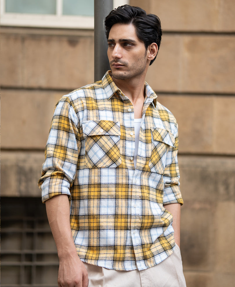 Yellow Checks Double Pocket Shirt.
