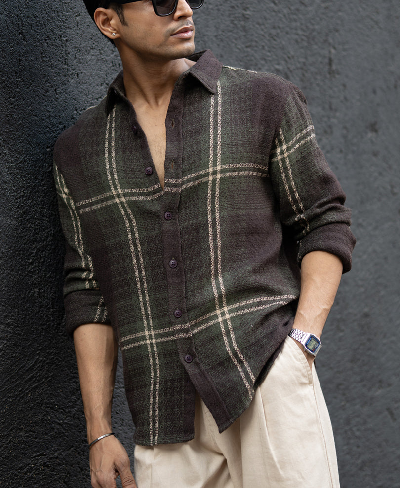 Dark Olive Structured Checks Shirt.
