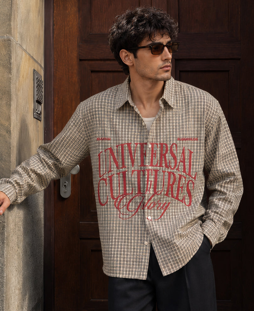 Beige Checks Printed Shirt 100% Cotton