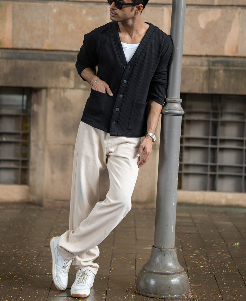 Black Structured Knit Cardigan.