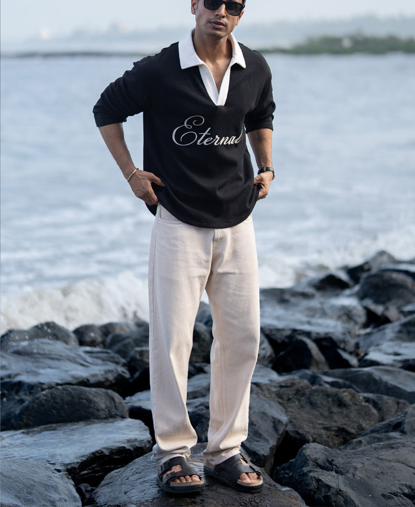 Black Embroidery Contrast T-Shirt.