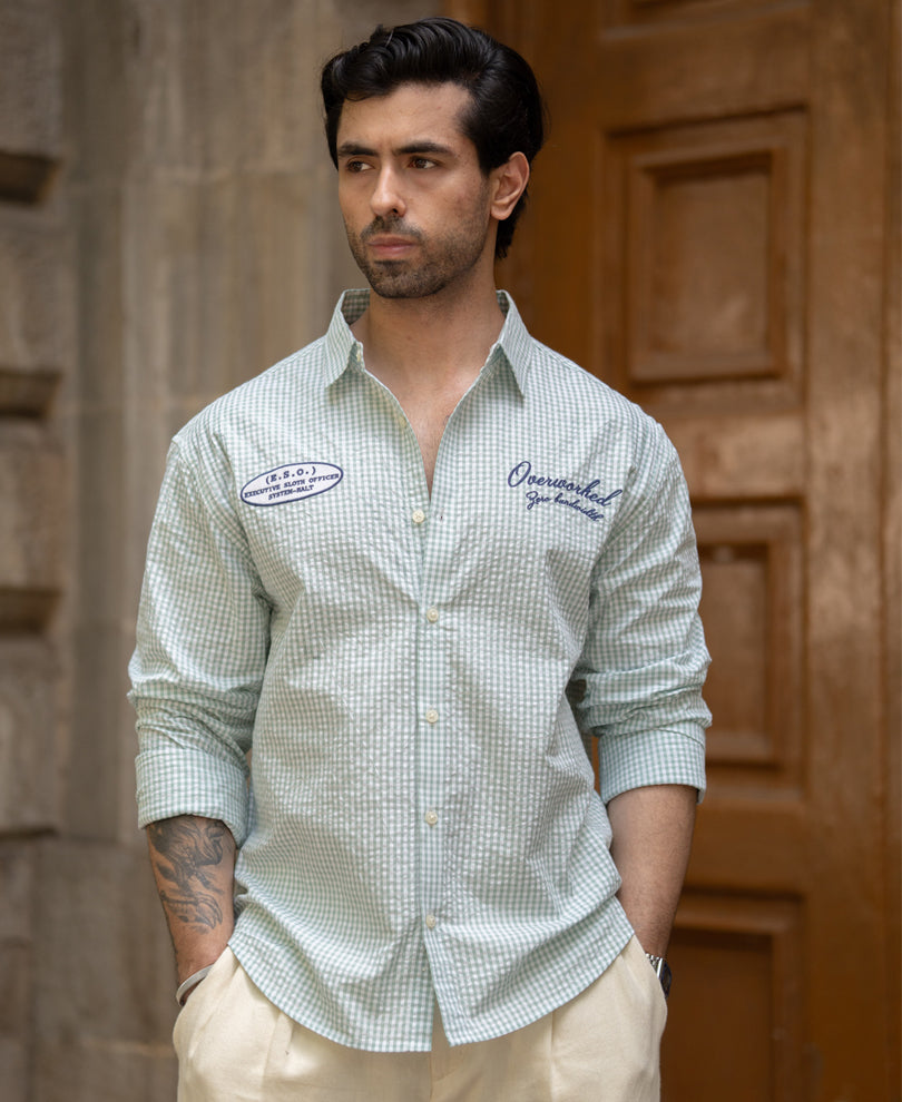 Green Embroidered Seersucker Check Shirt 100% Cotton