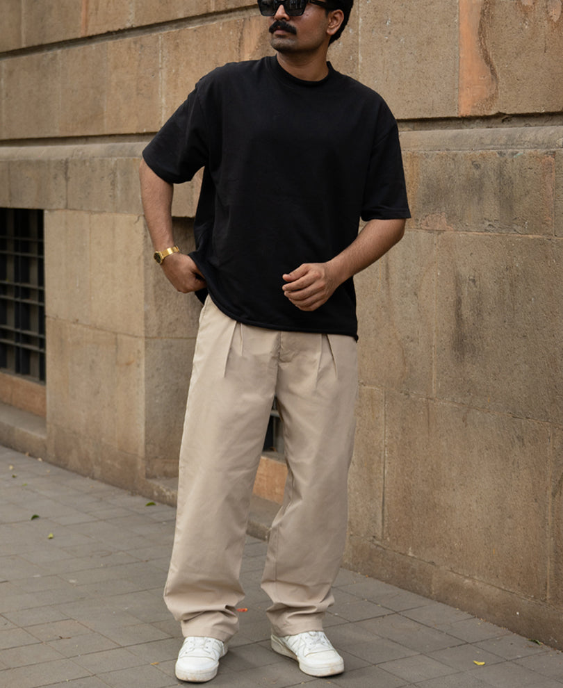 Beige Pleated Baggy Trousers