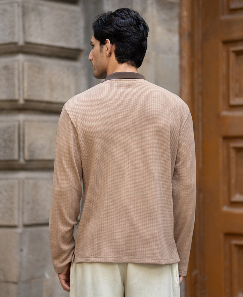 Dark Beige Contrast Embroidery T-Shirt