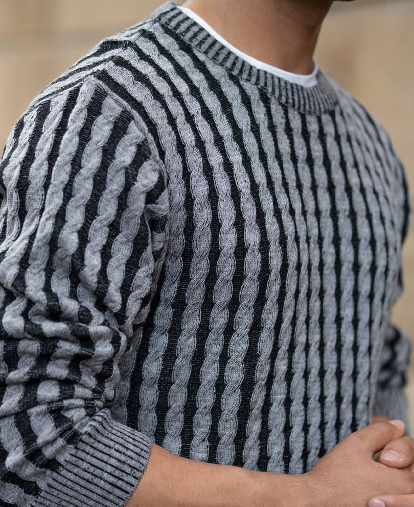 Grey And Black Cable Knit T-Shirt.