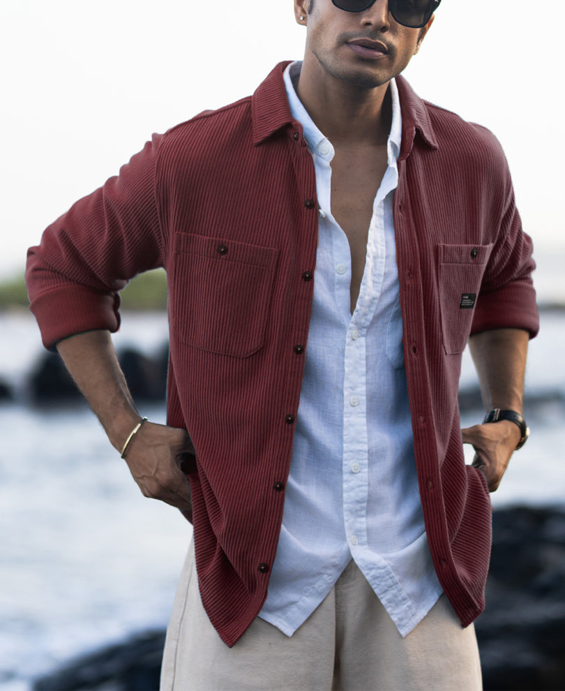 Wine Structured Knit Shirt With Pockets.