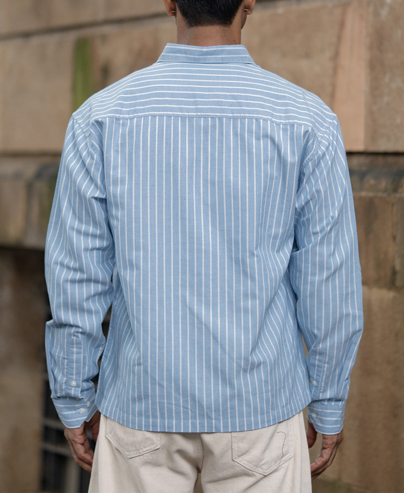 Blue Oversize Stripe Shirt With Print.