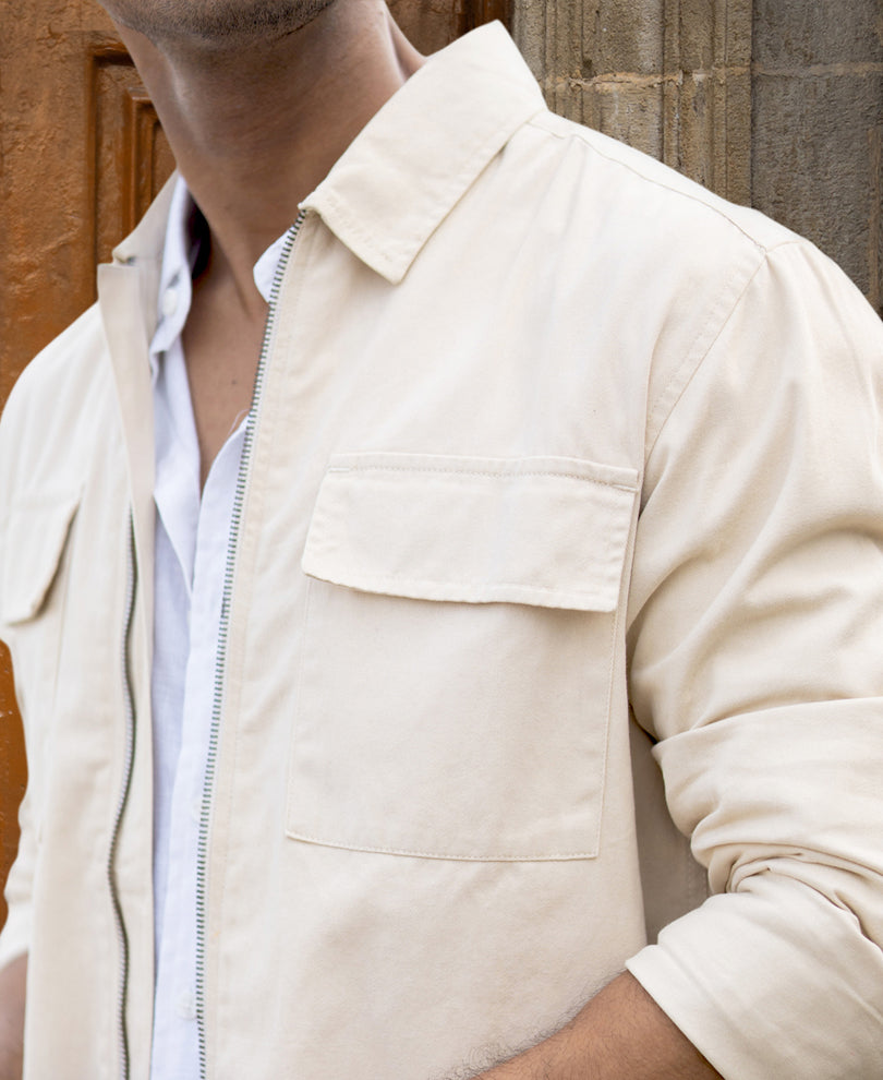 Light Beige Structured Zipper Overshirt.
