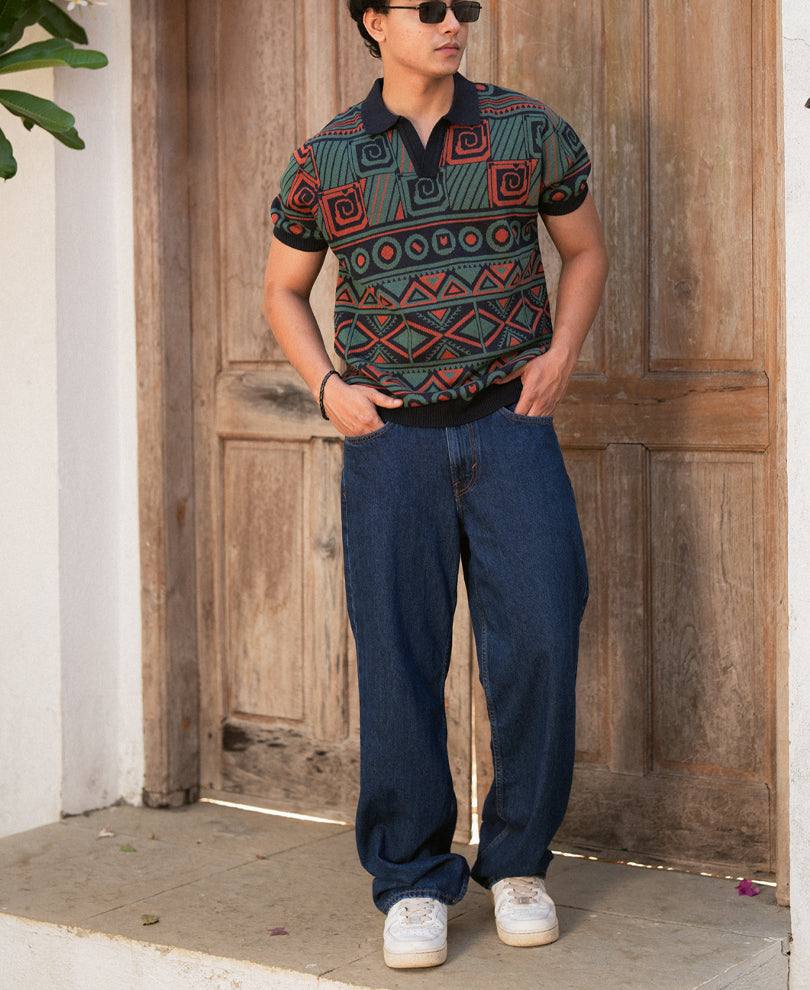 Multicolor Geometric Jacquard Knit T-Shirt 100% Cotton