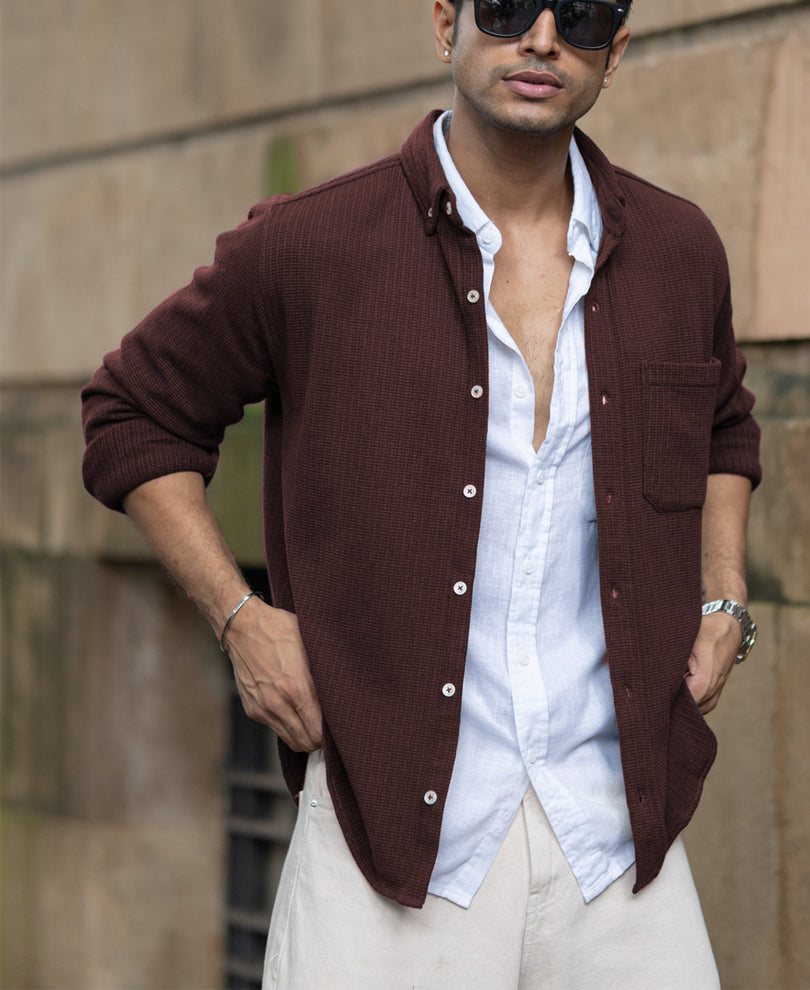 Coffee Structured Knit Shirt.