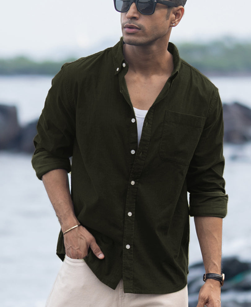 Dark Olive Corduroy Buttondown Shirt.