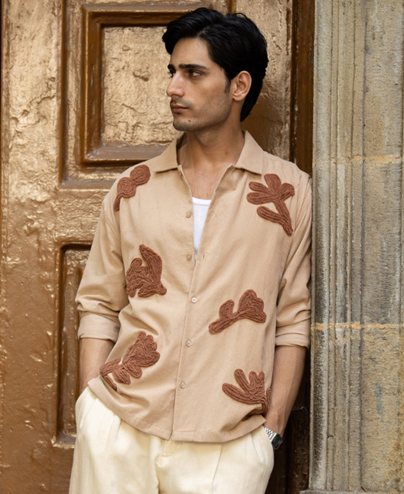 Beige Corduroy Embroidered Shirt 100% Cotton