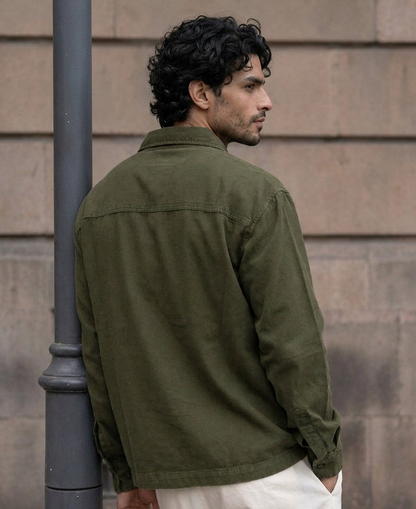 Dark Olive Washed Zipper Shirt