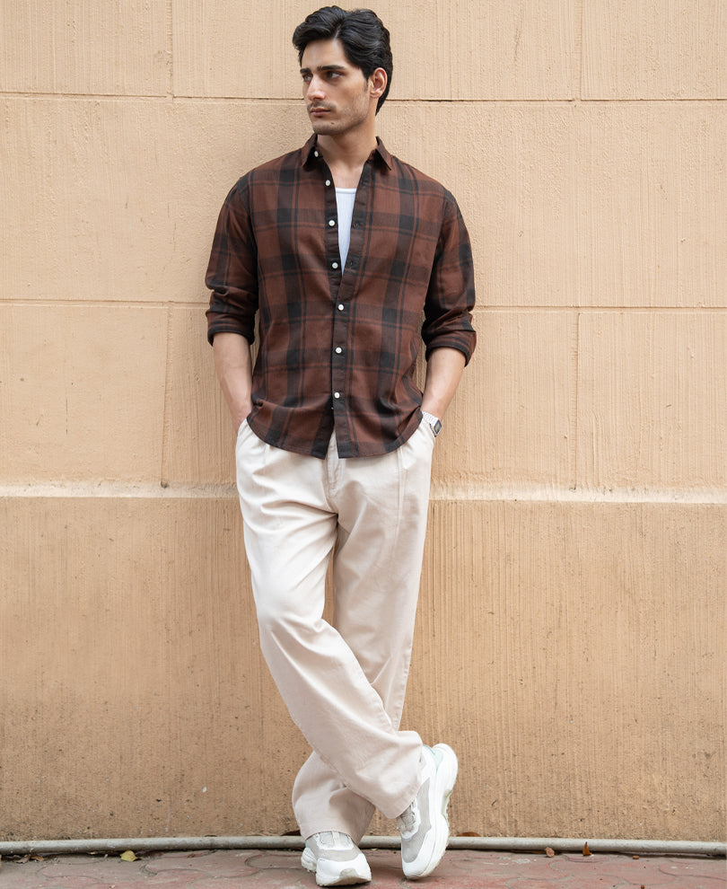 Dark Brown Structured Checked Shirt.
