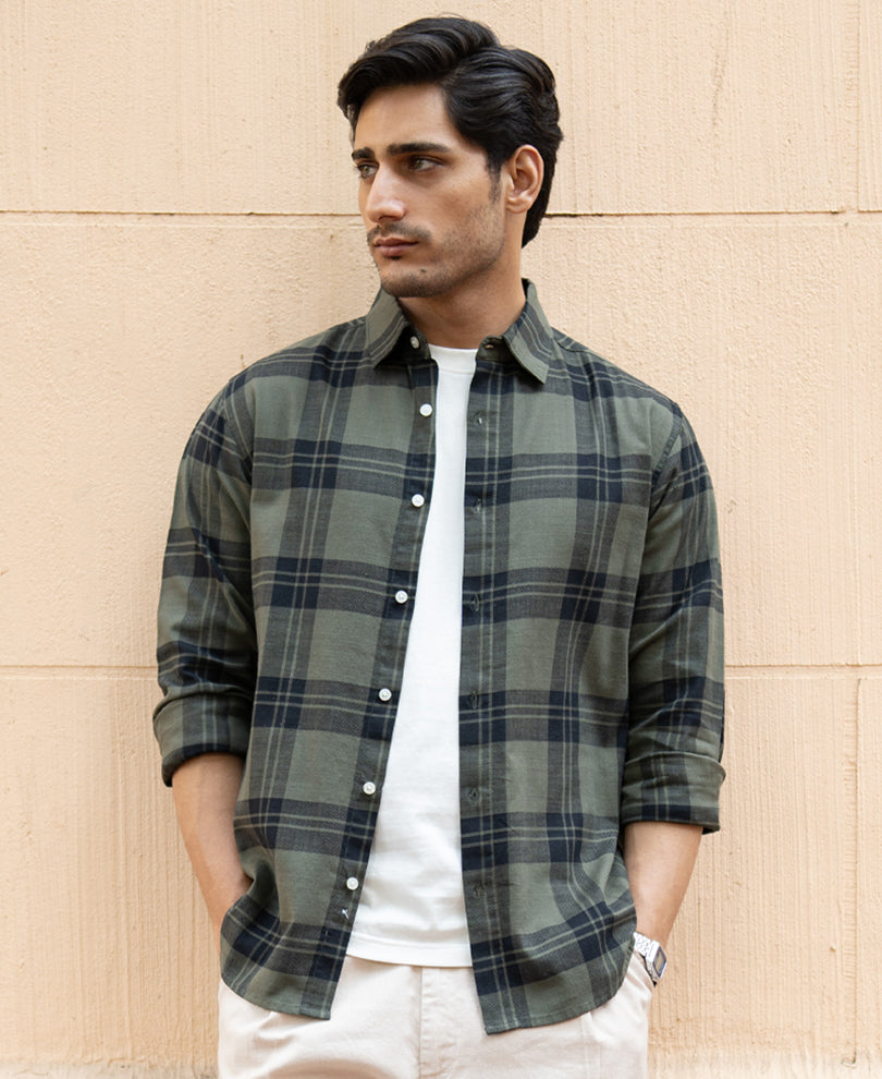 Olive Structured Checks Shirt.