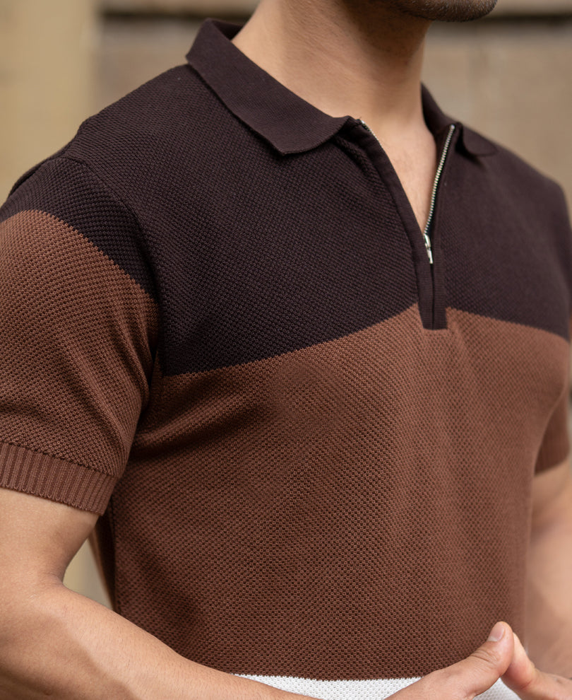 Brown & Beige Stripe Knit T-Shirt.