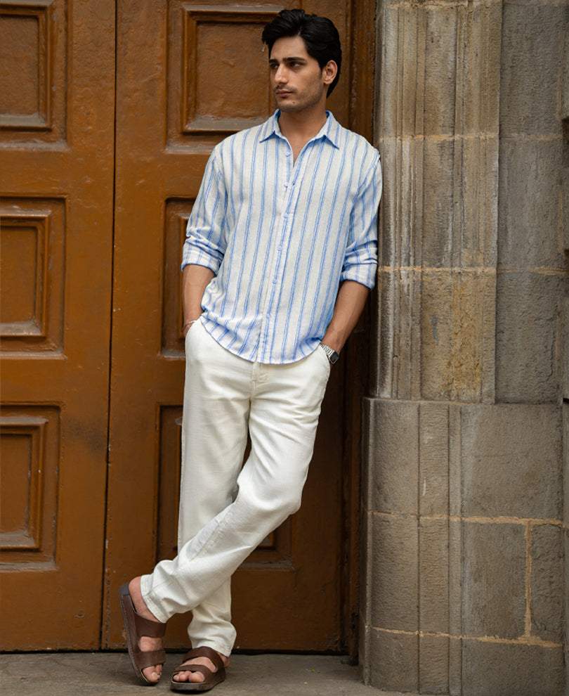 Natural & Blue Broad Stripe Shirt.