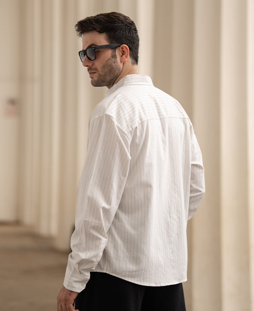 White Calligraphy Print Stripe Shirt 100% Cotton