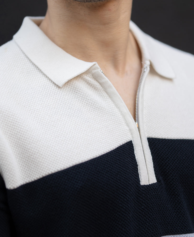 Grey & Navy Knit Stripe T-Shirt.